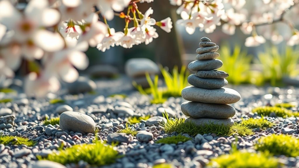 Serene Zen Garden Photography with Sakura Blossoms