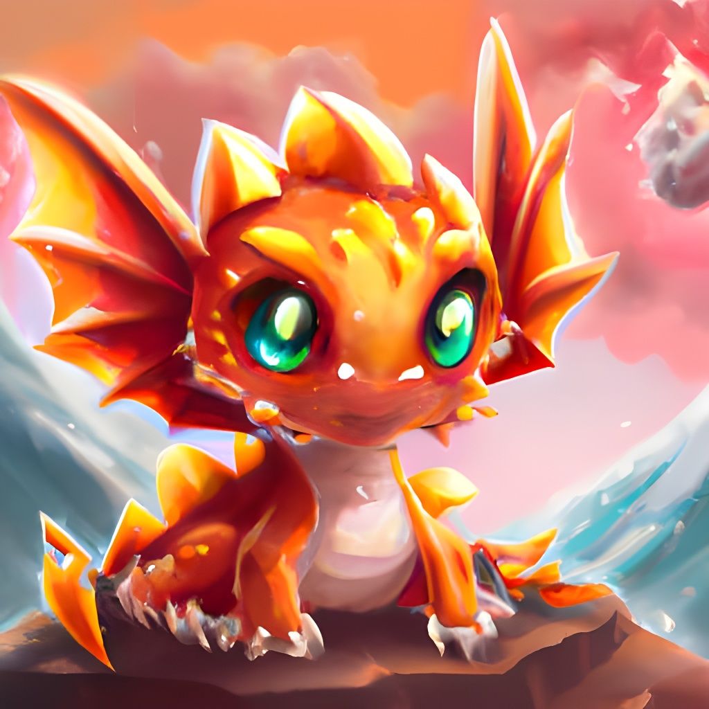 Adorable Chibi Fire Dragon in Volcano, Digital Art