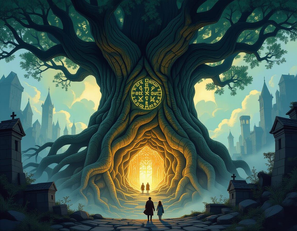 Ancient Tree City with Runes: Epic Fantasy Art