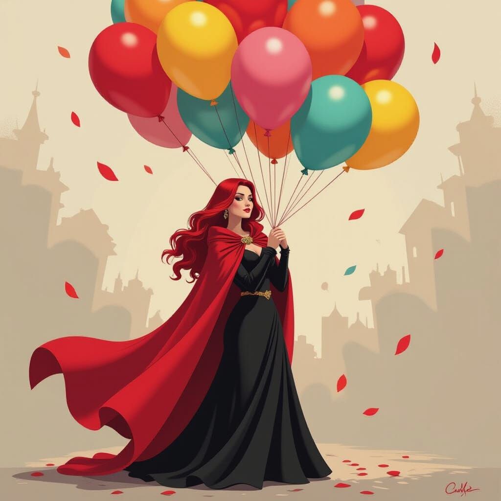 Scarlet Witch Hugging Balloons, Comic Book Art Style