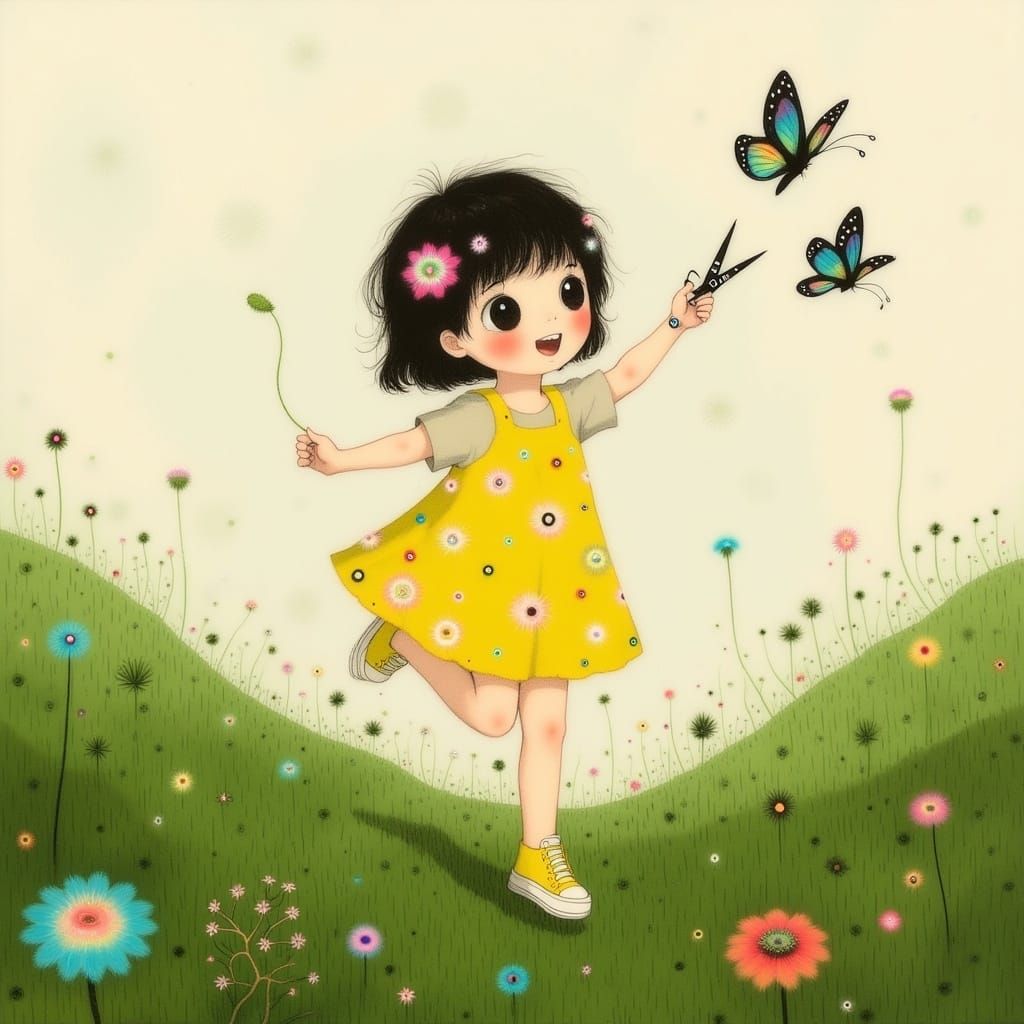 Whimsical Child with Scissors in Meadow Illustration