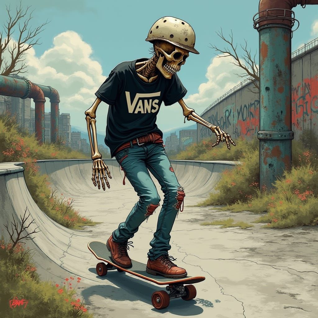 Skeleton Skater Rides Abandoned Skate Park