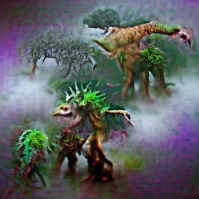 Necrotic Treant Dinosaur in Dark Fantasy Fog