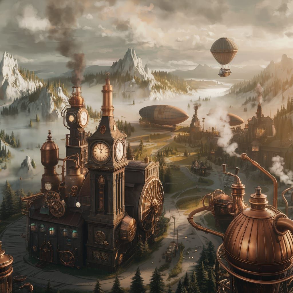 Steampunk Village Aerial View in Victorian Style