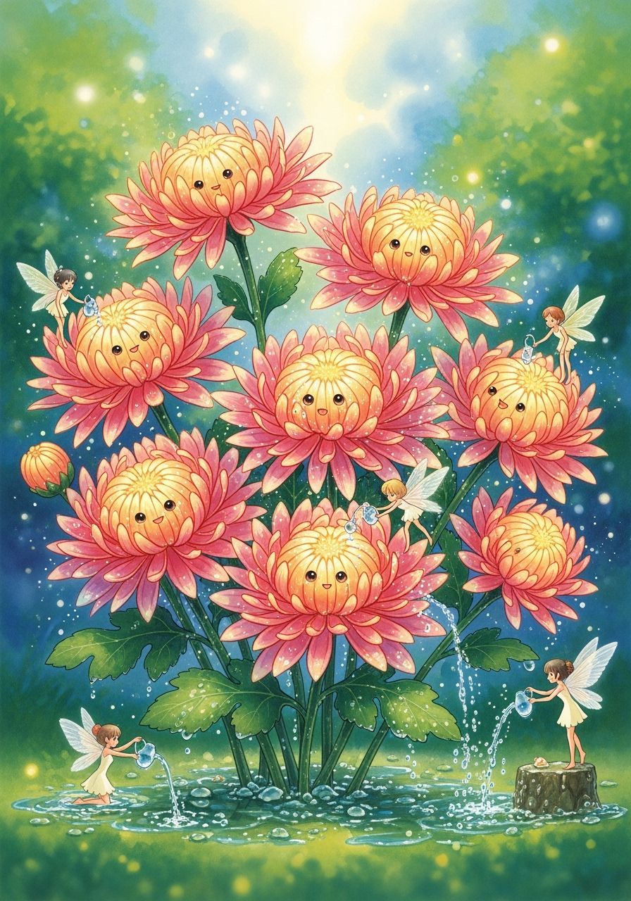 Magical Glowing Chrysanthemums with Fairies in Watercolor St...
