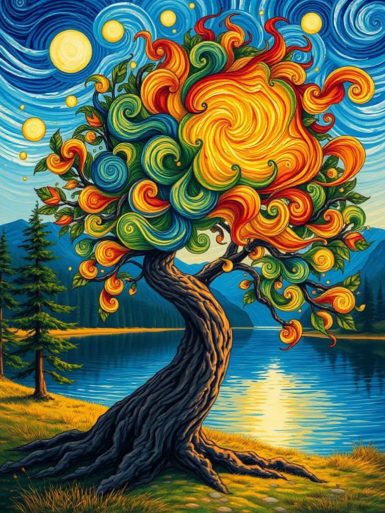 Van Gogh-Style Tree with Swirling Leaves and Lake