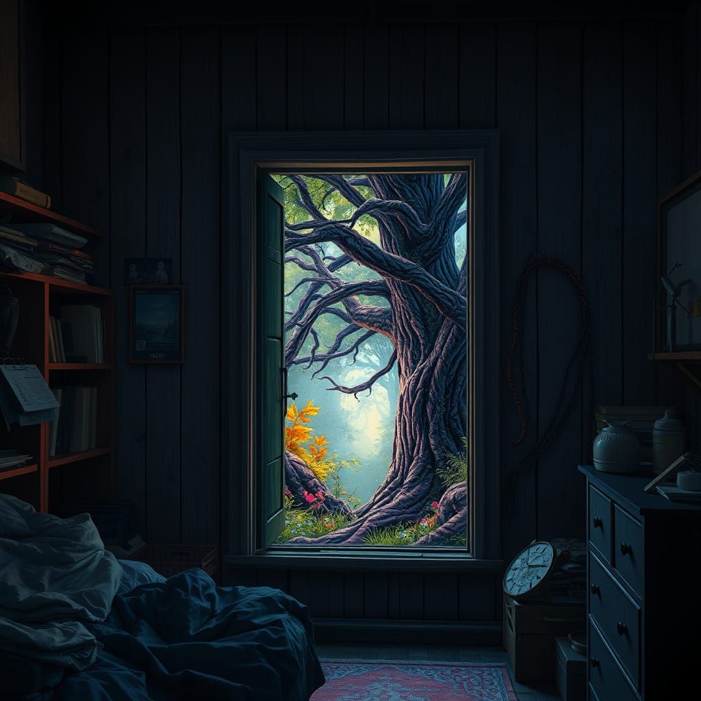 Mystical Portal to an Enchanted Forest in a Dreamy Bedroom