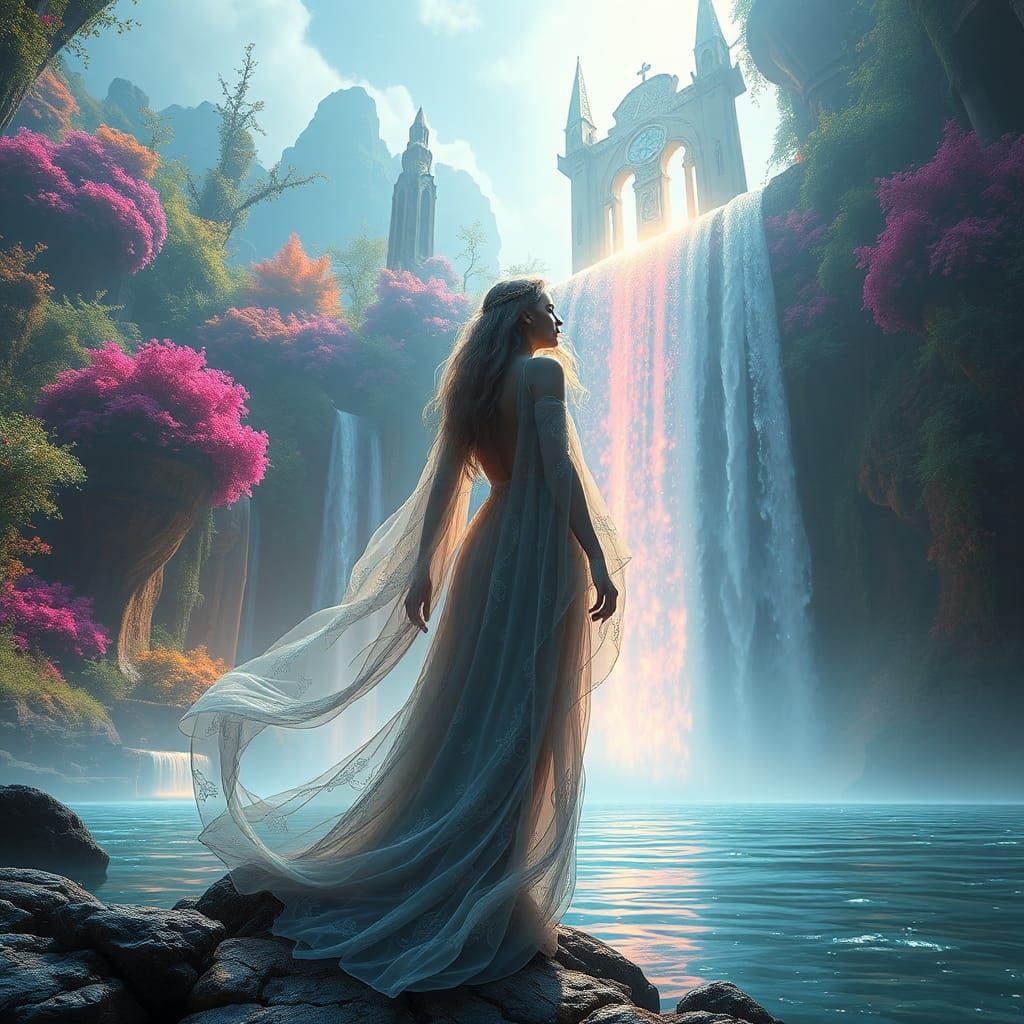 Mystical Woman at Iridescent Waterfall