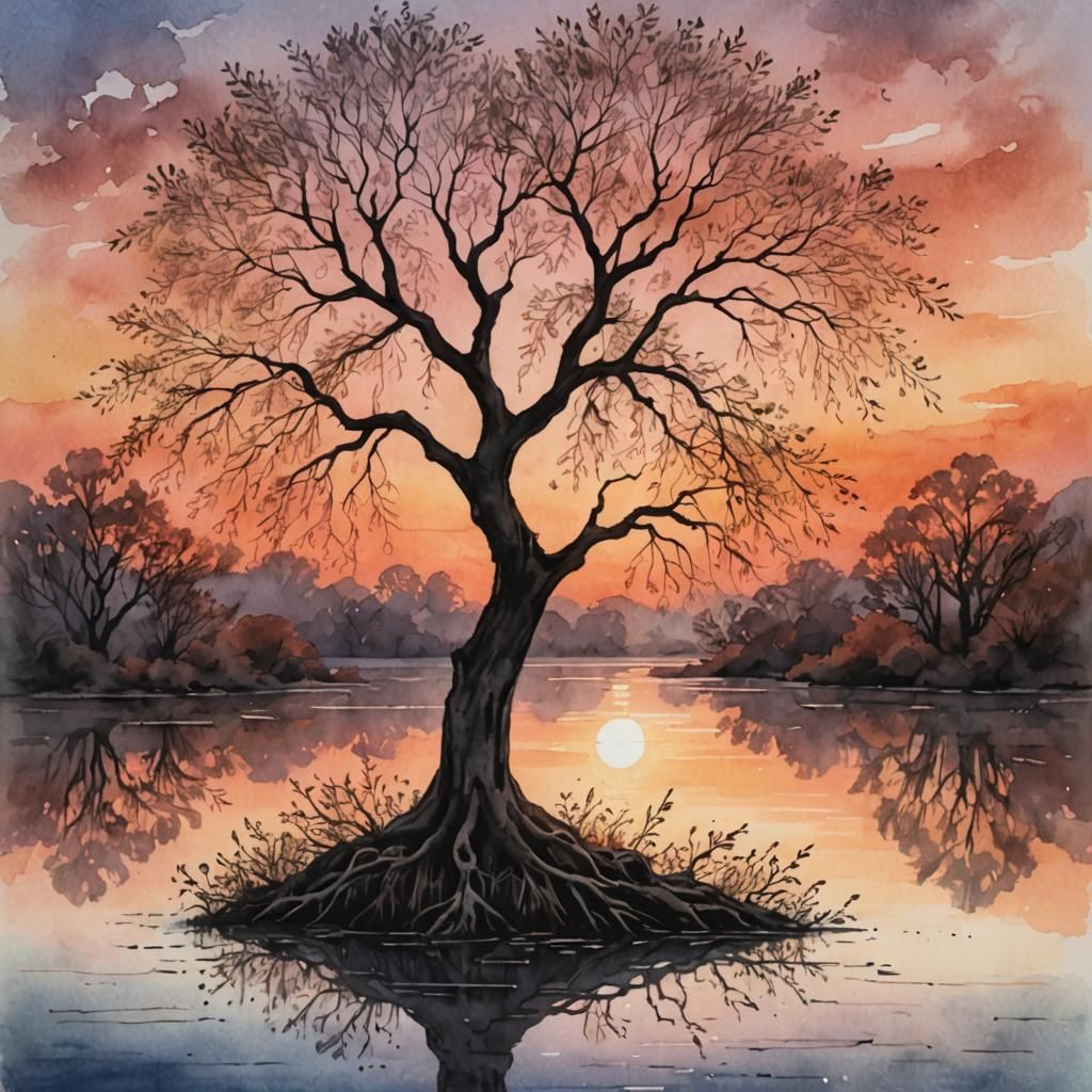 Watercolor Sunrise Silhouette with Gratitude Gesture