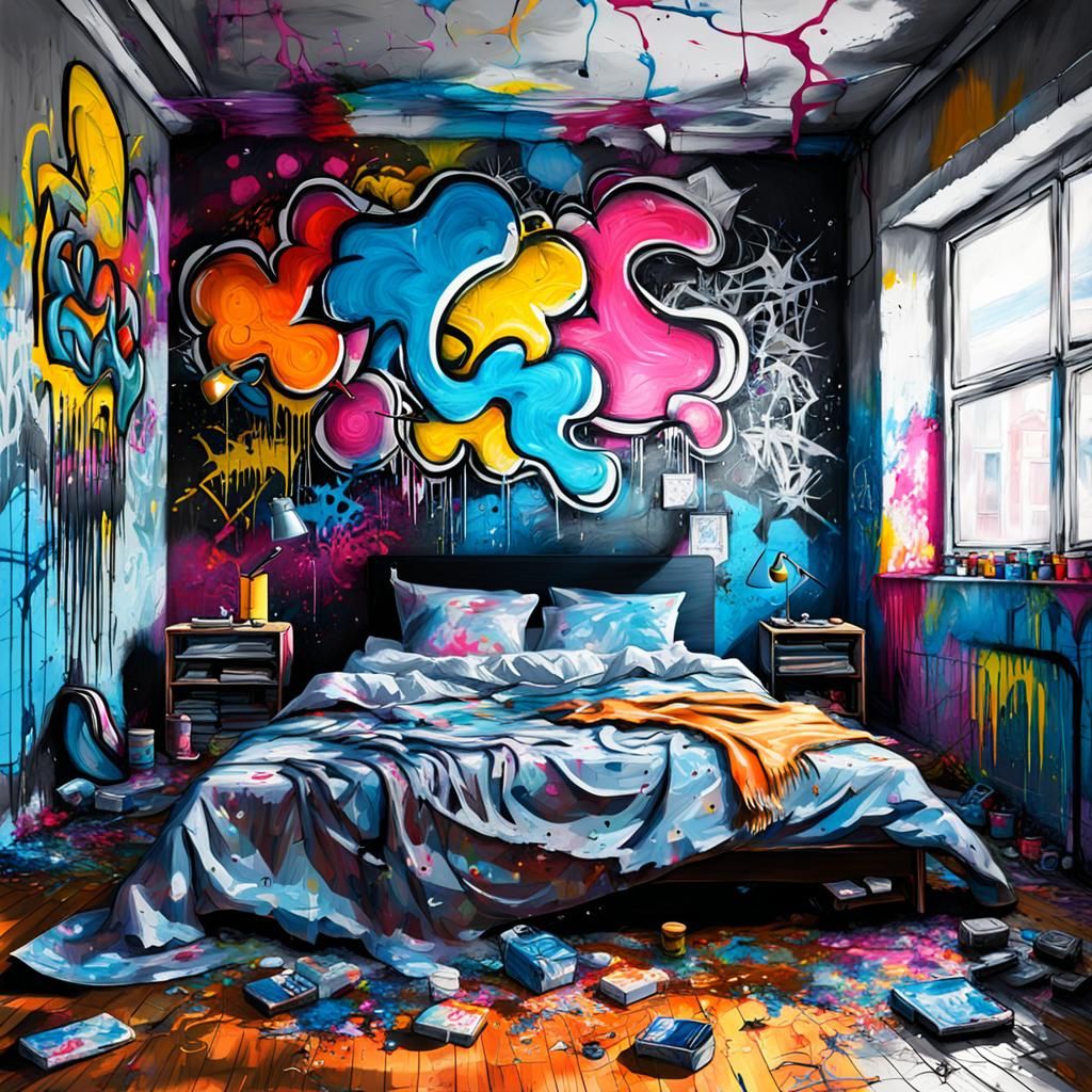 Box Fans in Empty Room: Graffiti Art Style