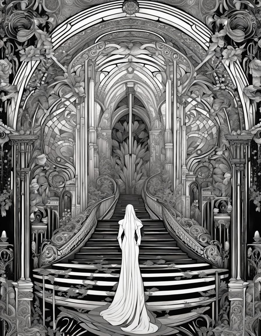 Futuristic Art Nouveau Cityscape with Radiant Figure