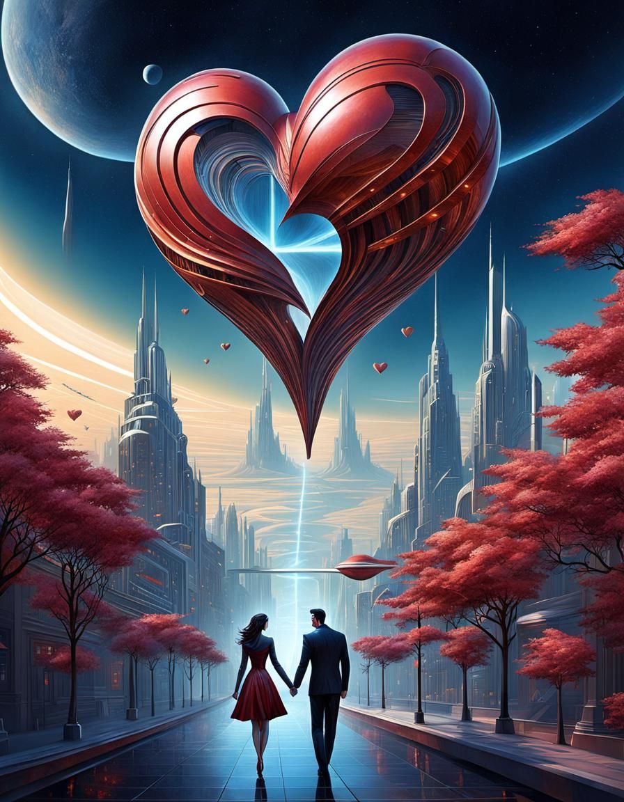 Futuristic City: Kissing Couple by Heart Statue