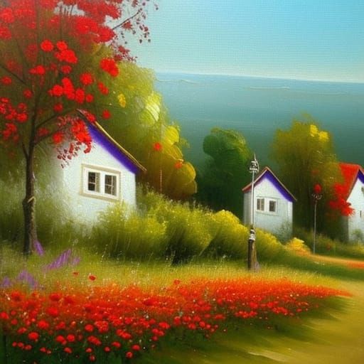 Beautiful landscape in Hungary. Small white painted houses with red roofs, geranium green windows, lavender and poppies ...