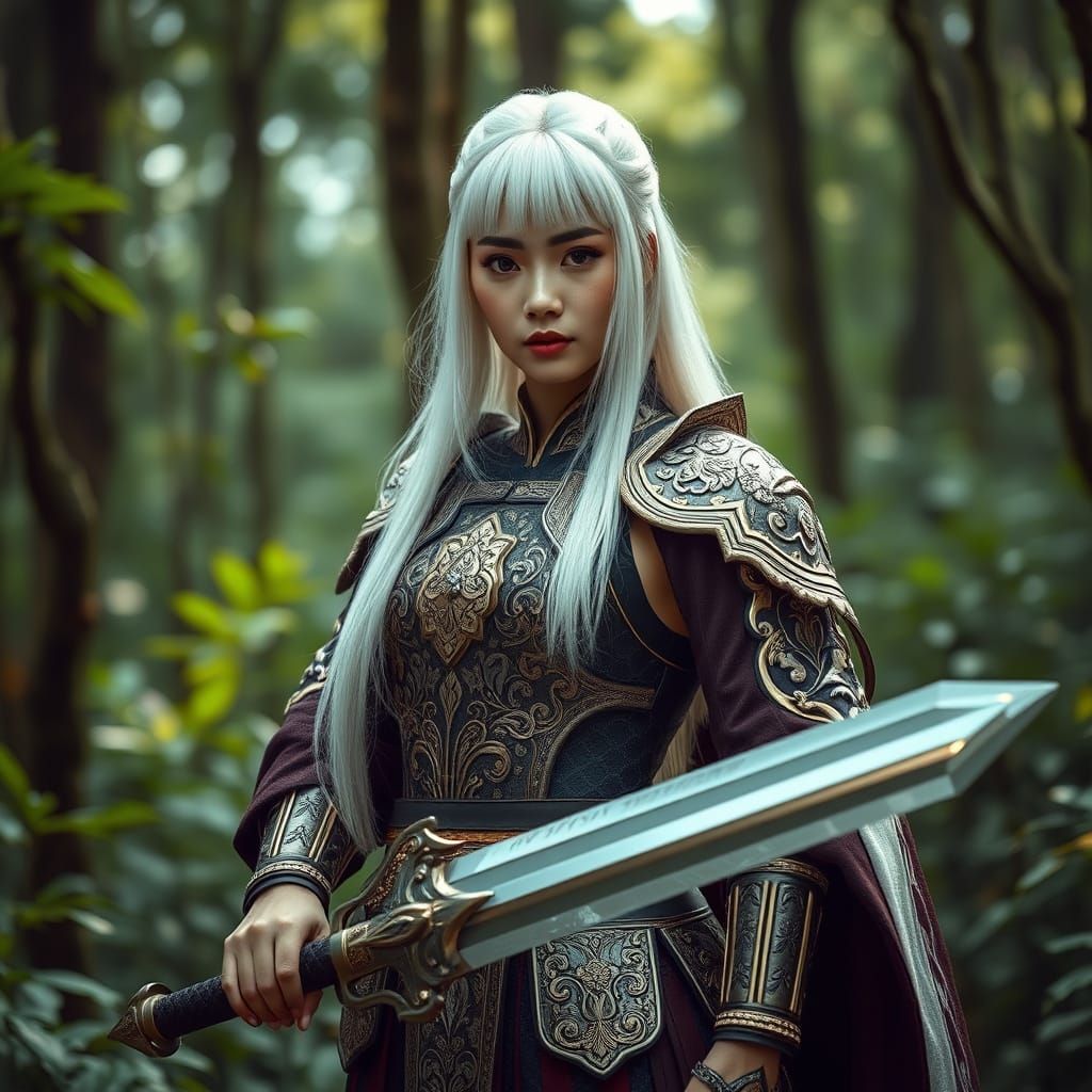 Asian Warrior in Forest with Crystal Sword