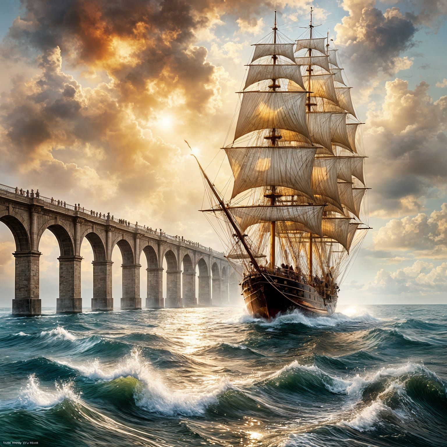 Galleon Sailing Near Stone Bridge at Sunset