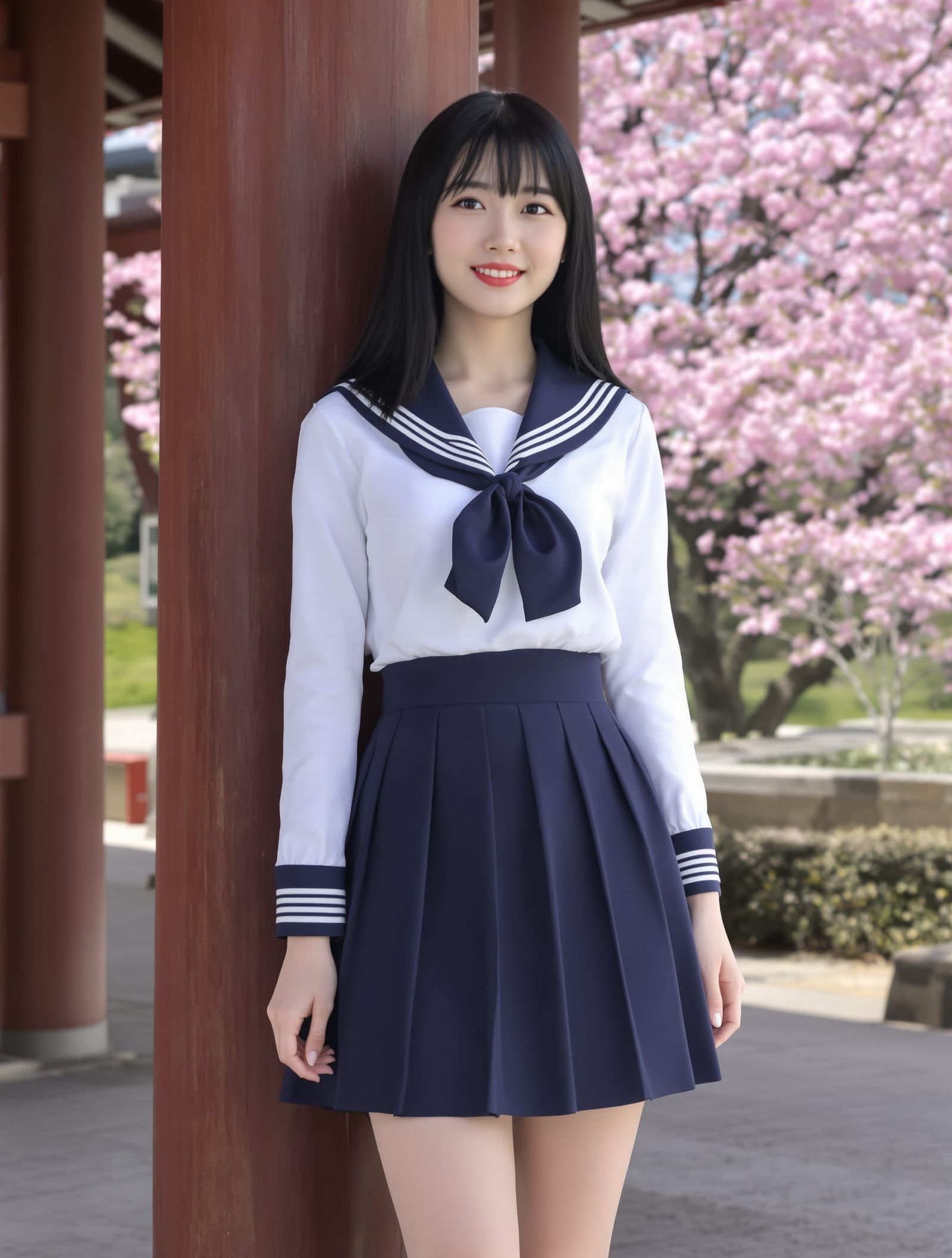 Kaori in Sailor Uniform at Shrine Amidst Cherry Blossoms