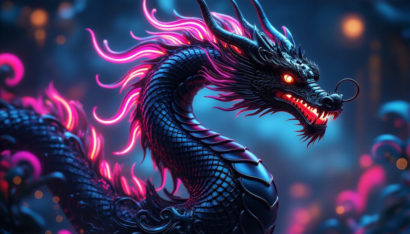 Liquid Black Metal Dragon with Neon Accents