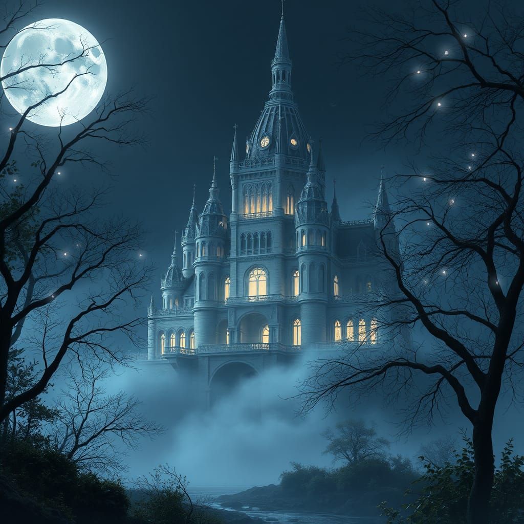 Ethereal Moonlit Castle in Mystical Glade