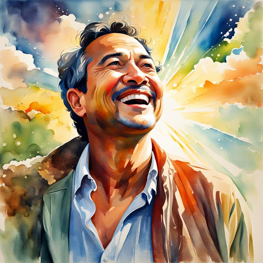 Joyful Man in Sunlight: Expressive Watercolor Portrait
