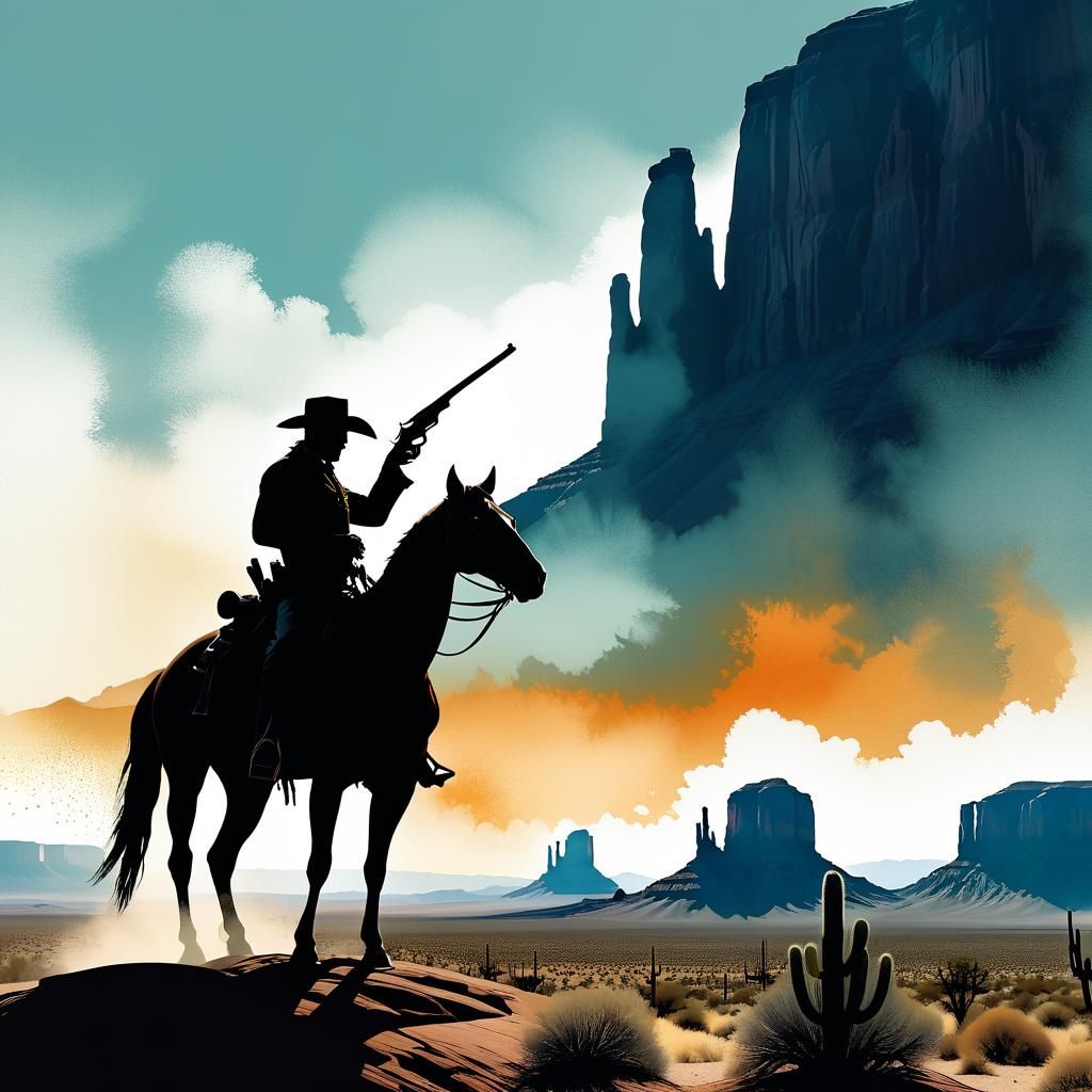 Cowboy Silhouette in Desert Landscape, Watercolor Style