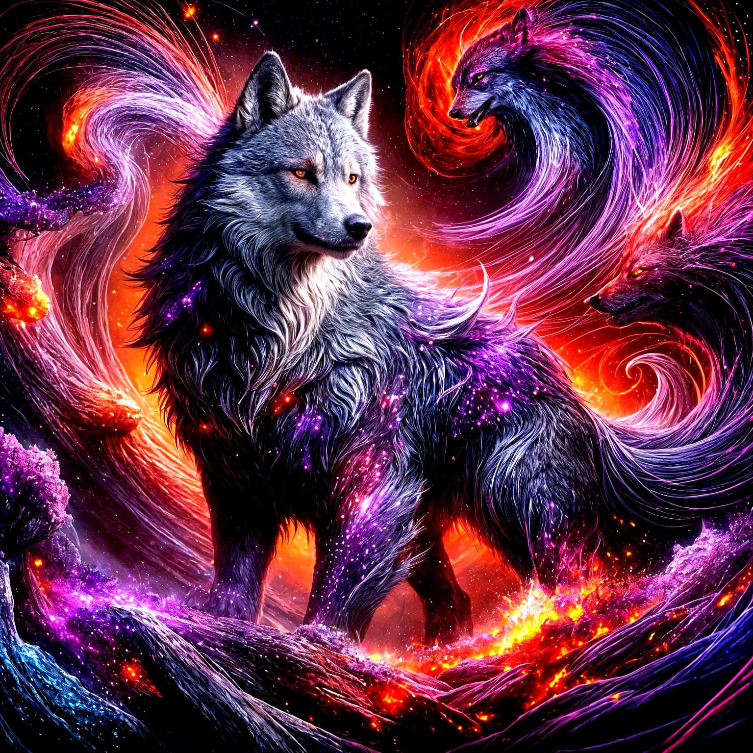 Majestic Amethyst Wolf Dominates Cosmic Red-Orange Hues