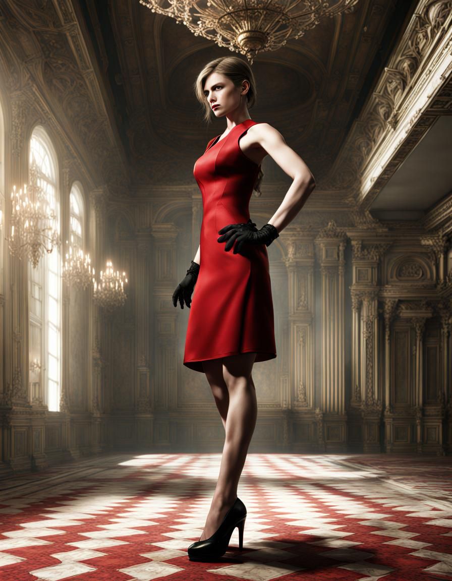 resident evil jill valentine wearing red dress black high heels standing in an empty ballroom