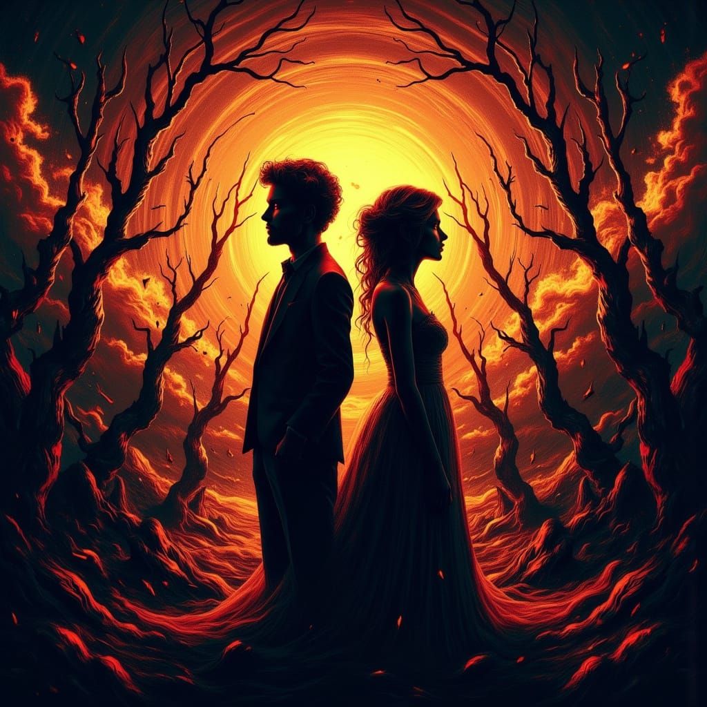 Ethereal Shattered Landscape with Silhouetted Couple