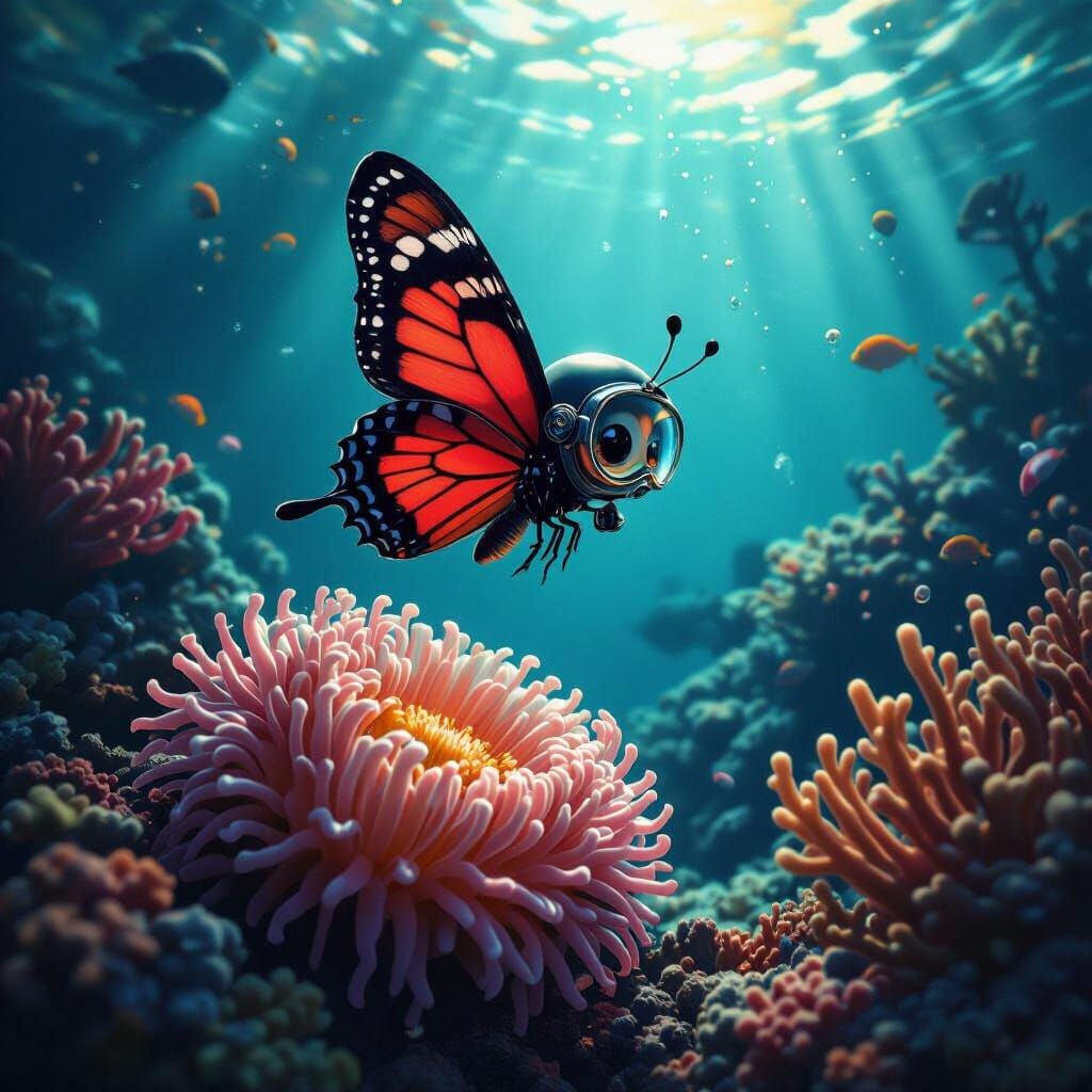 Chibi Butterfly in Diving Helmet, Oil Realism