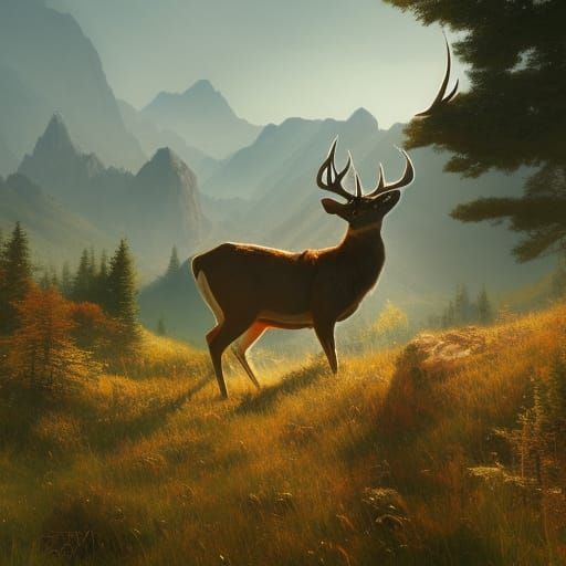Deer in Mountain Meadow, Hyperdetailed Concept Art