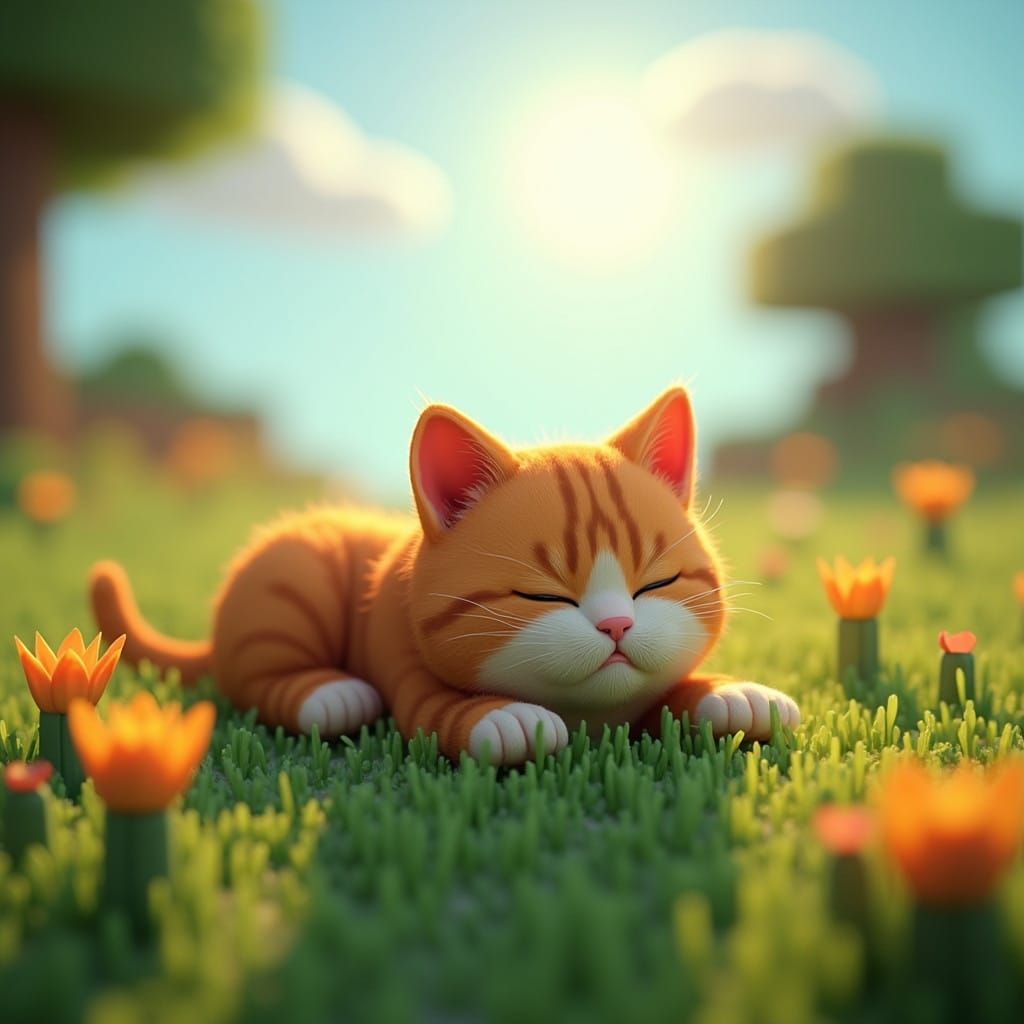 Whimsical Blocky Cat in Vibrant Meadow