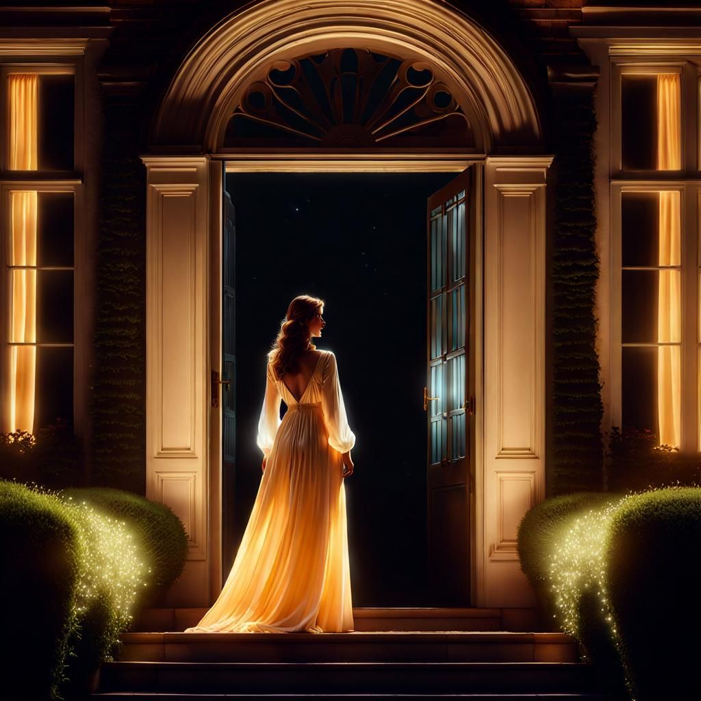 Woman Approaching Georgian Mansion at Night