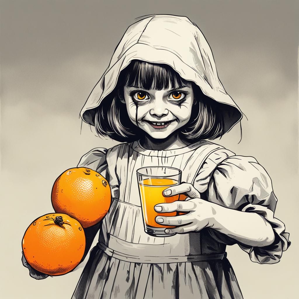 Eerily Grinning Girl Offers Orange Juice
