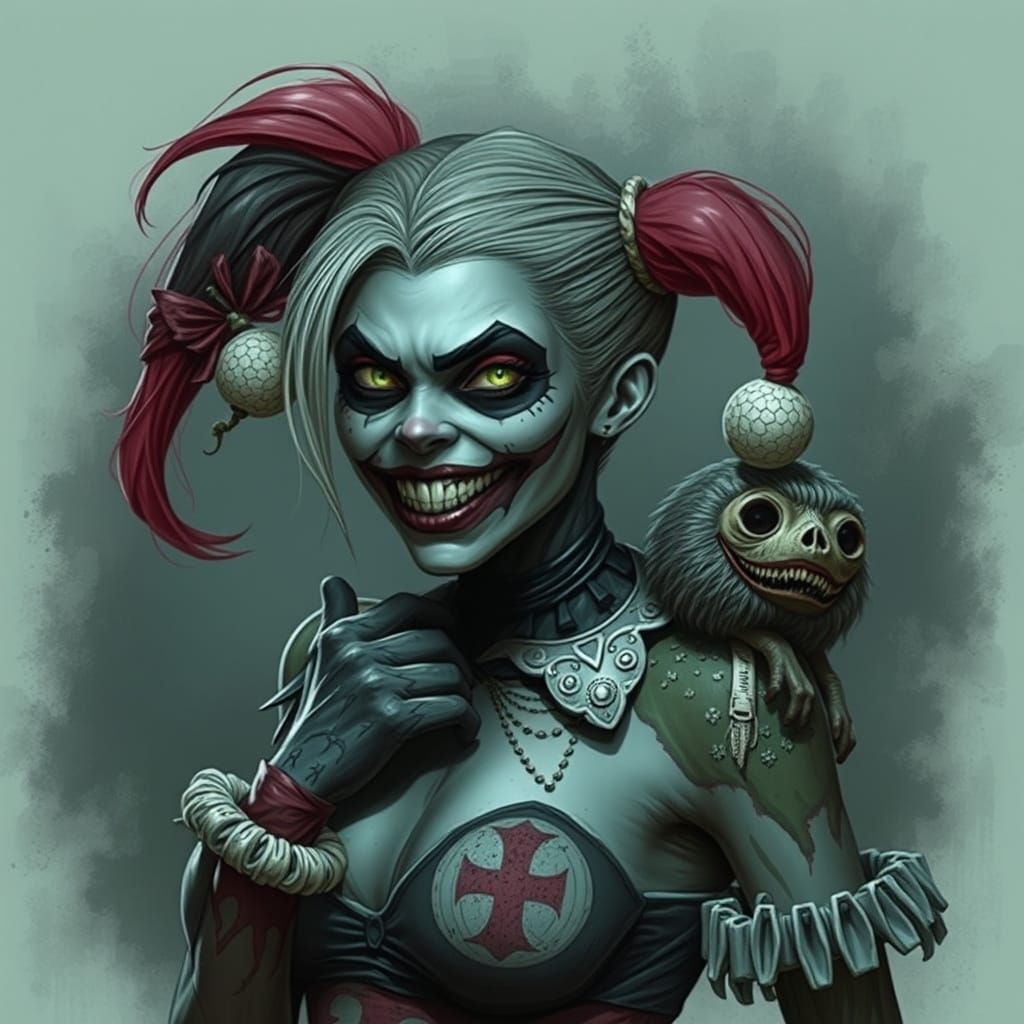 Zombie Harley Quinn with Teddy Bear in Gothic Horror Style