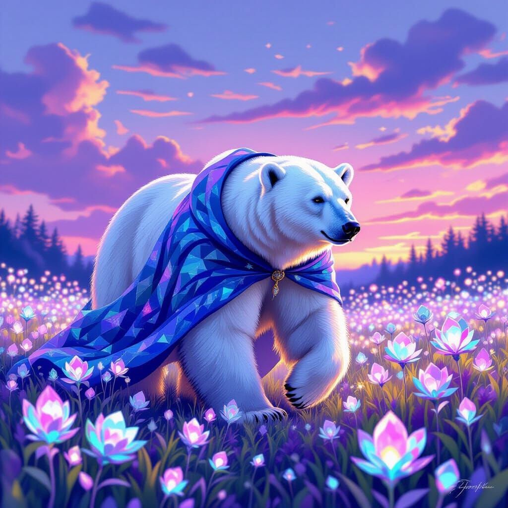 Iridescent Polar Bear in Crystalline Flower Field