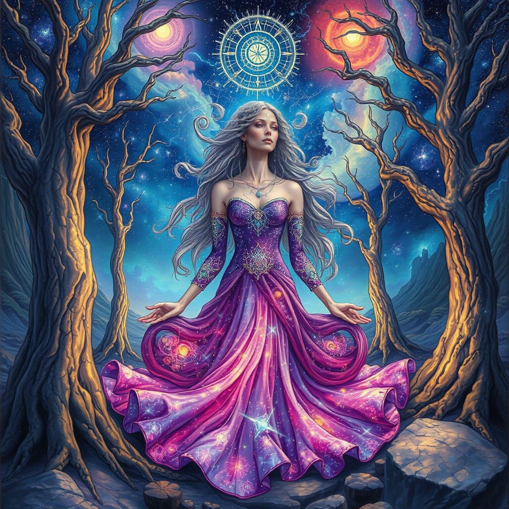 Cosmic Druidess Meditating in Crystal Grove