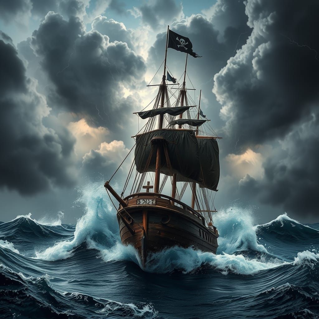 Pirate Ship in Tempestuous Storm, Romanticism Painting
