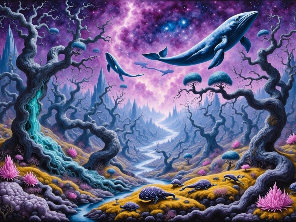 Alien World with Crystalline Structures in Ink Wash