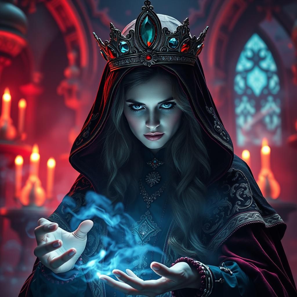 Mysterious Woman Casting Spell in a Majestic Scene