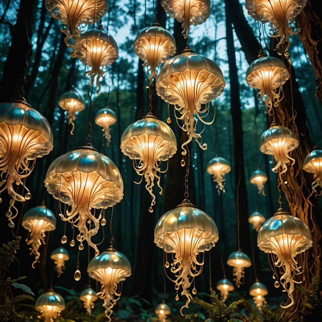 Iridescent Seashell Lamp in Mystical Forest
