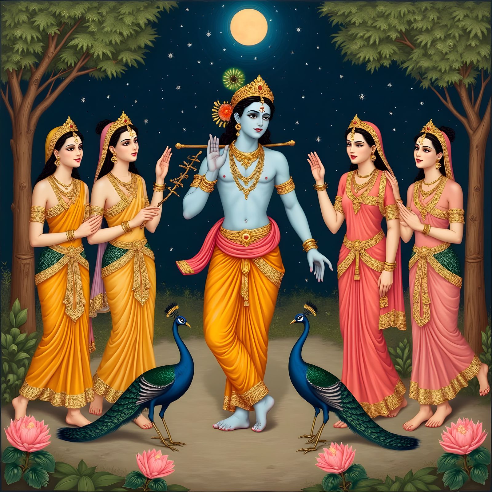 Traditional Indian Lord Krishna Raas Leela Painting in 17th-...