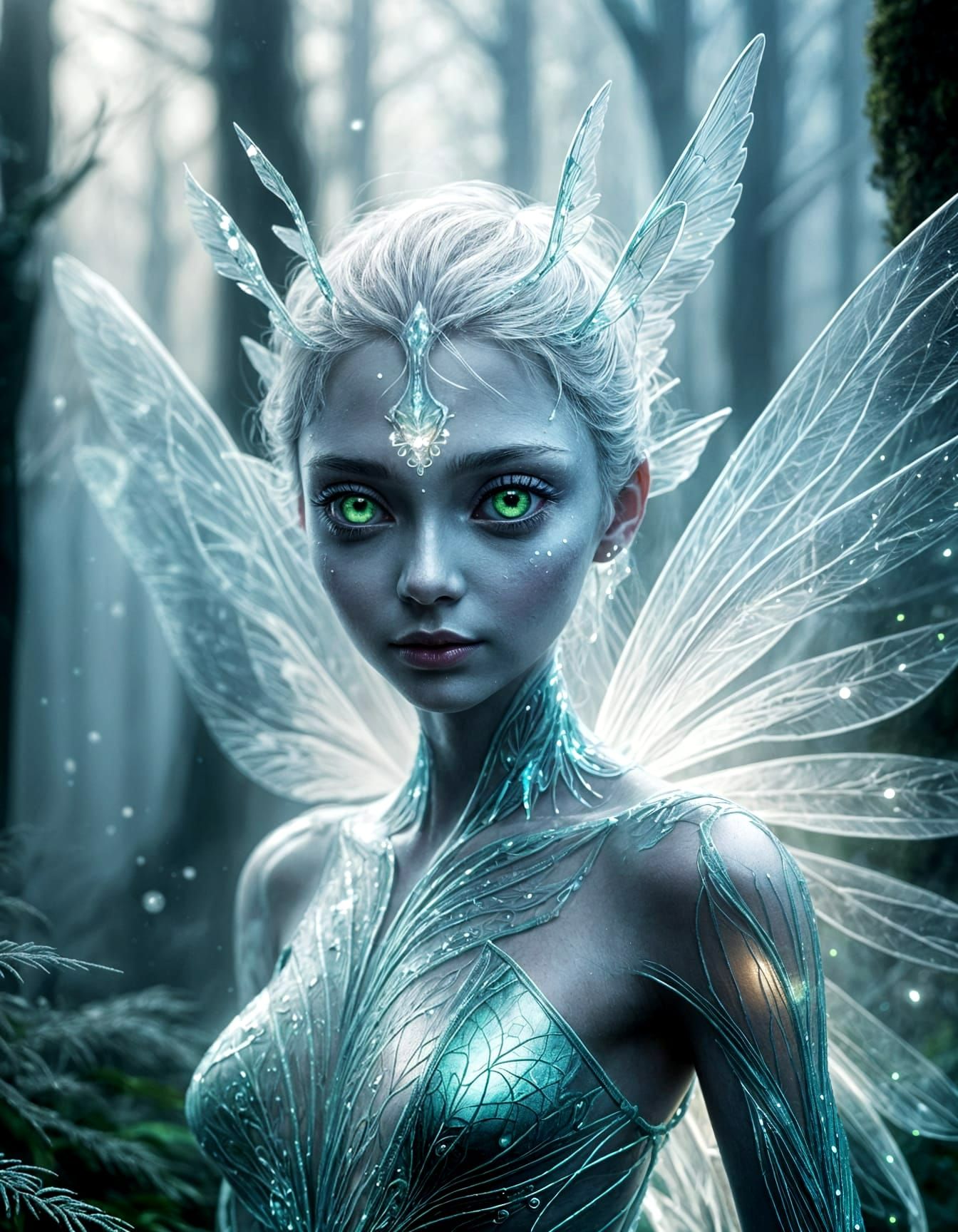 Ethereal Ice Fairy in Misty Forest Illustration