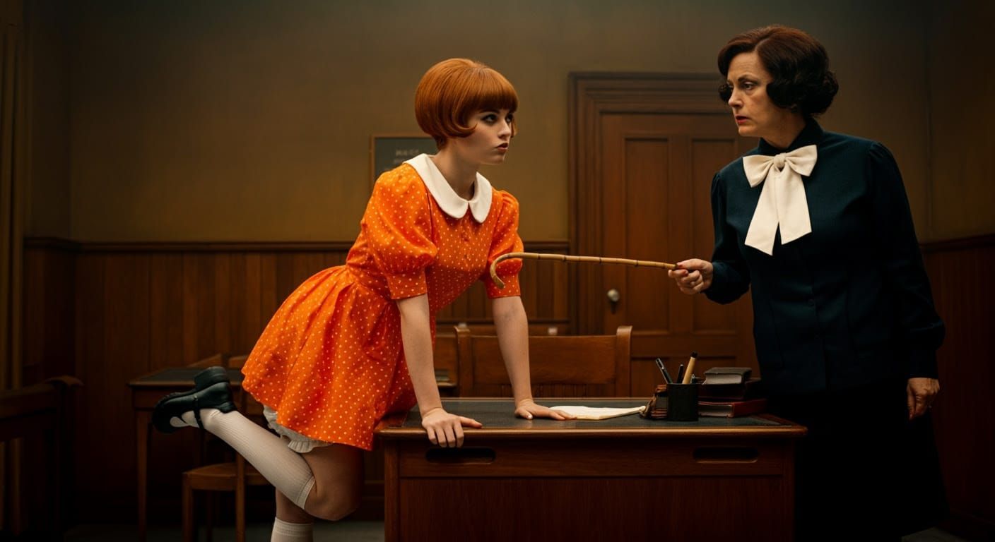 Snobbish Red-Haired Young Woman in Retro School Setting with...