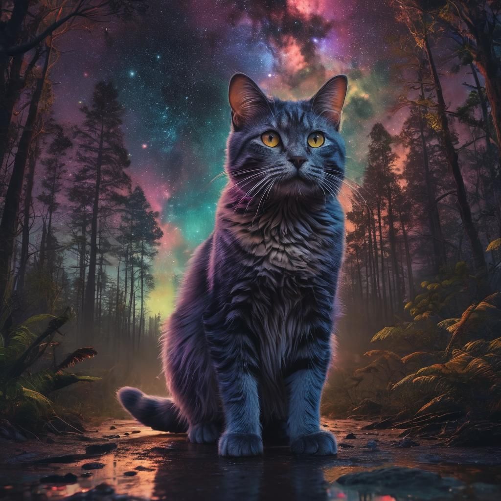 Double Exposure Cat with Bioluminescent Forest