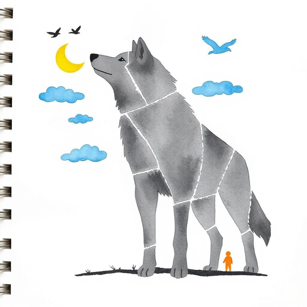 Stylized Wolf Silhouette in Folk Art Style