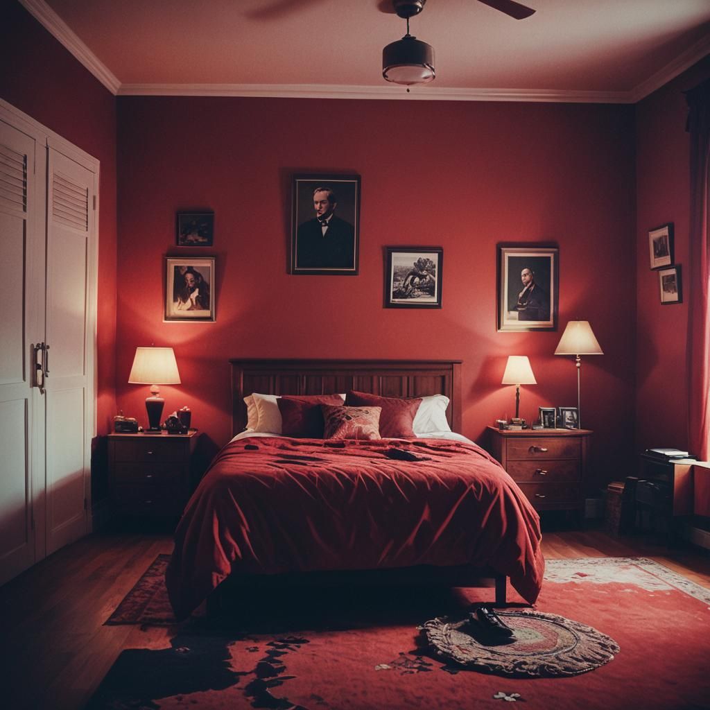 Dramatic Red Bedroom Interior with Cinematic Lighting