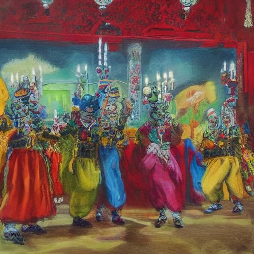 Clowns in Haunted House: Expressionist Surreal Oil Painting
