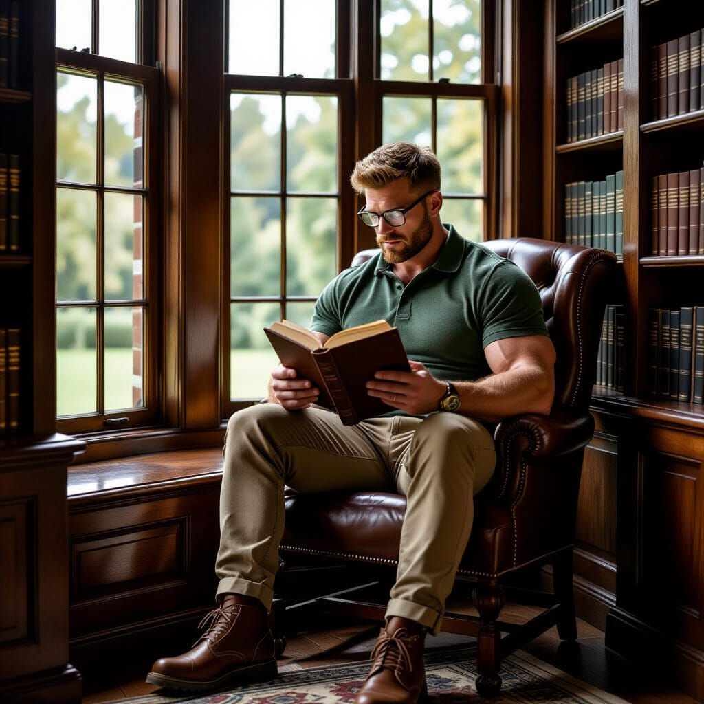Muscular Man Reading in Chateauesque Library