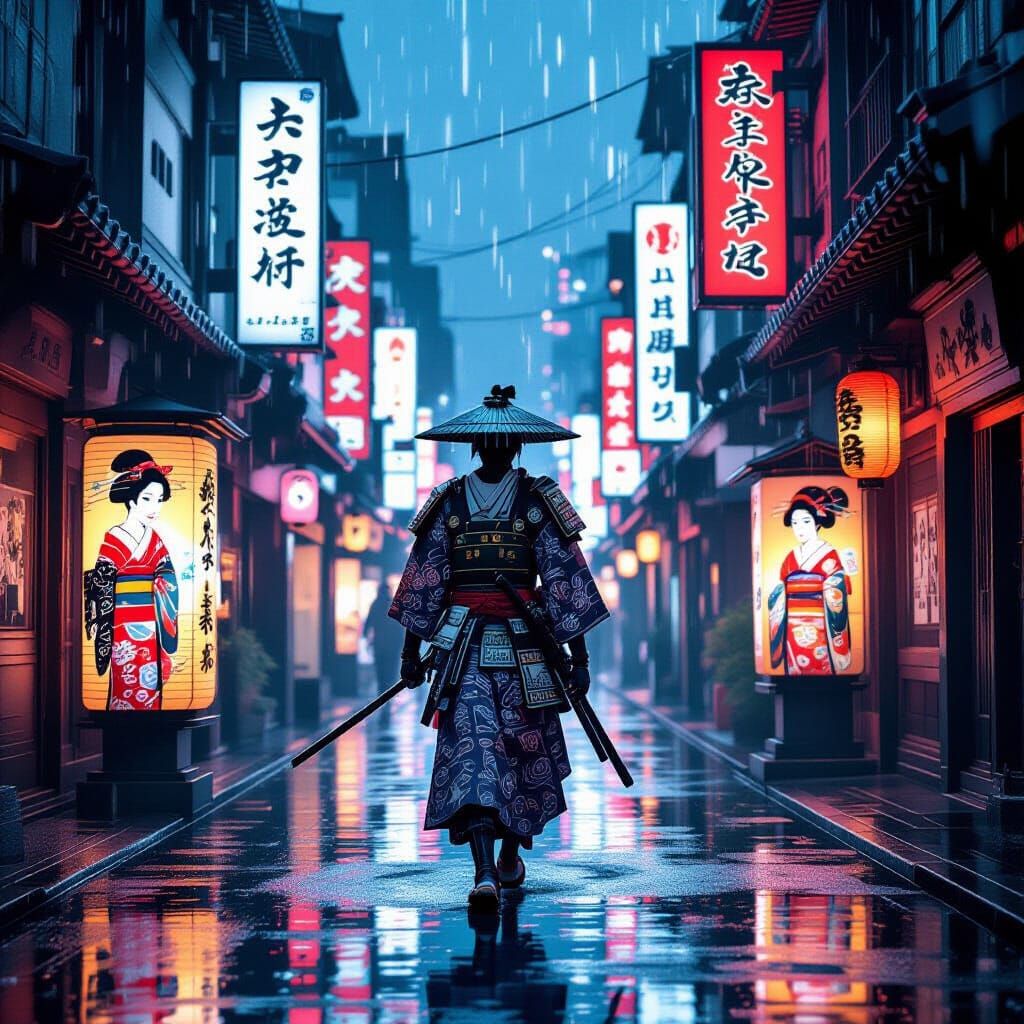 Samurai in Futuristic Tokyo Alleyway, Cyberpunk Style