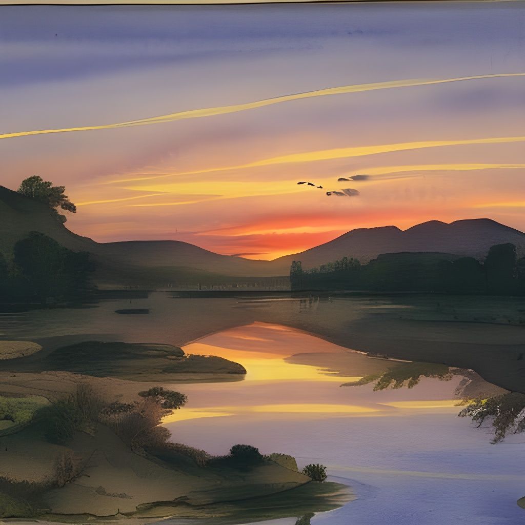 Watercolor River Landscape at Sunset in Bright Light