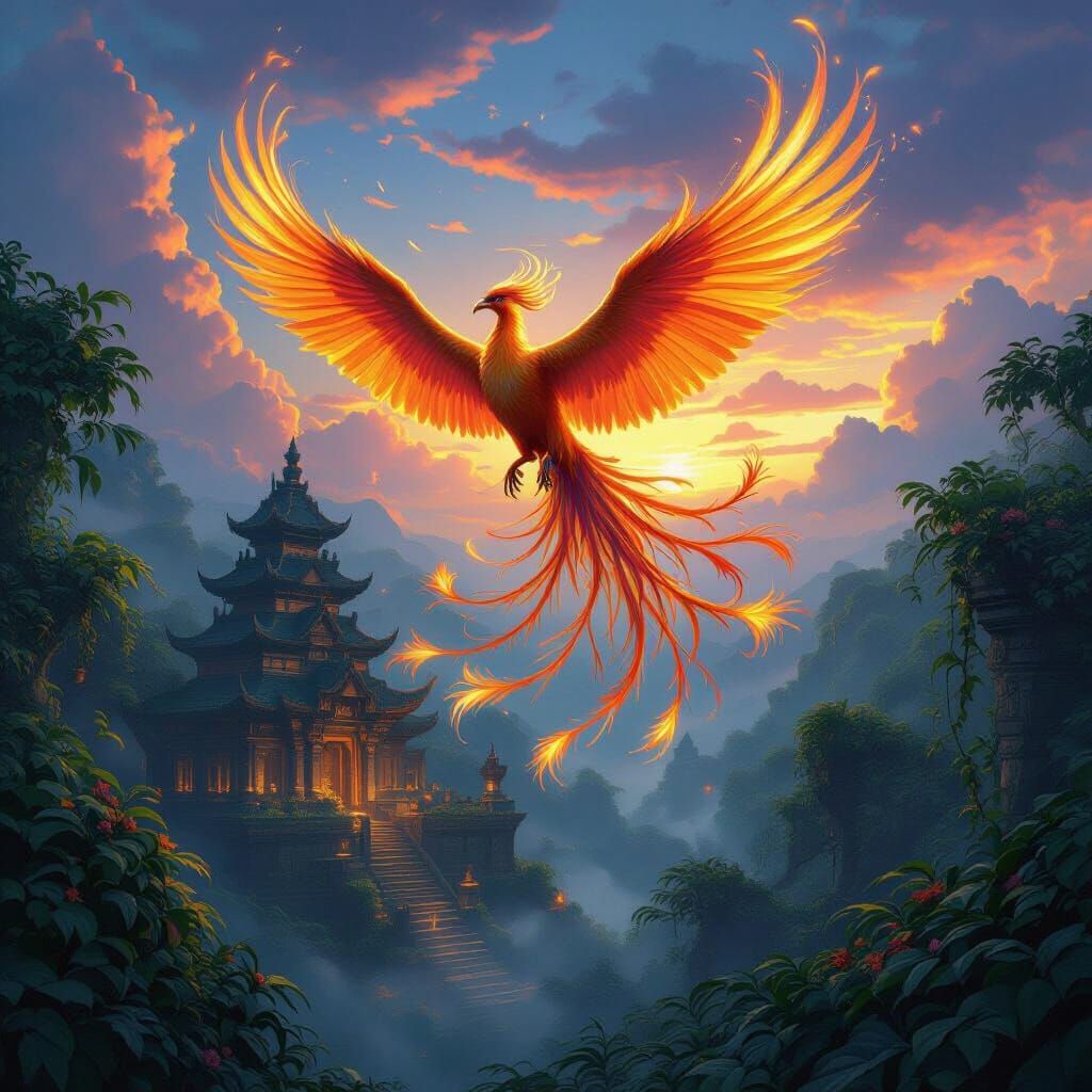 Majestic Phoenix Soars Over Hidden Temple in Dreamlike Twili...